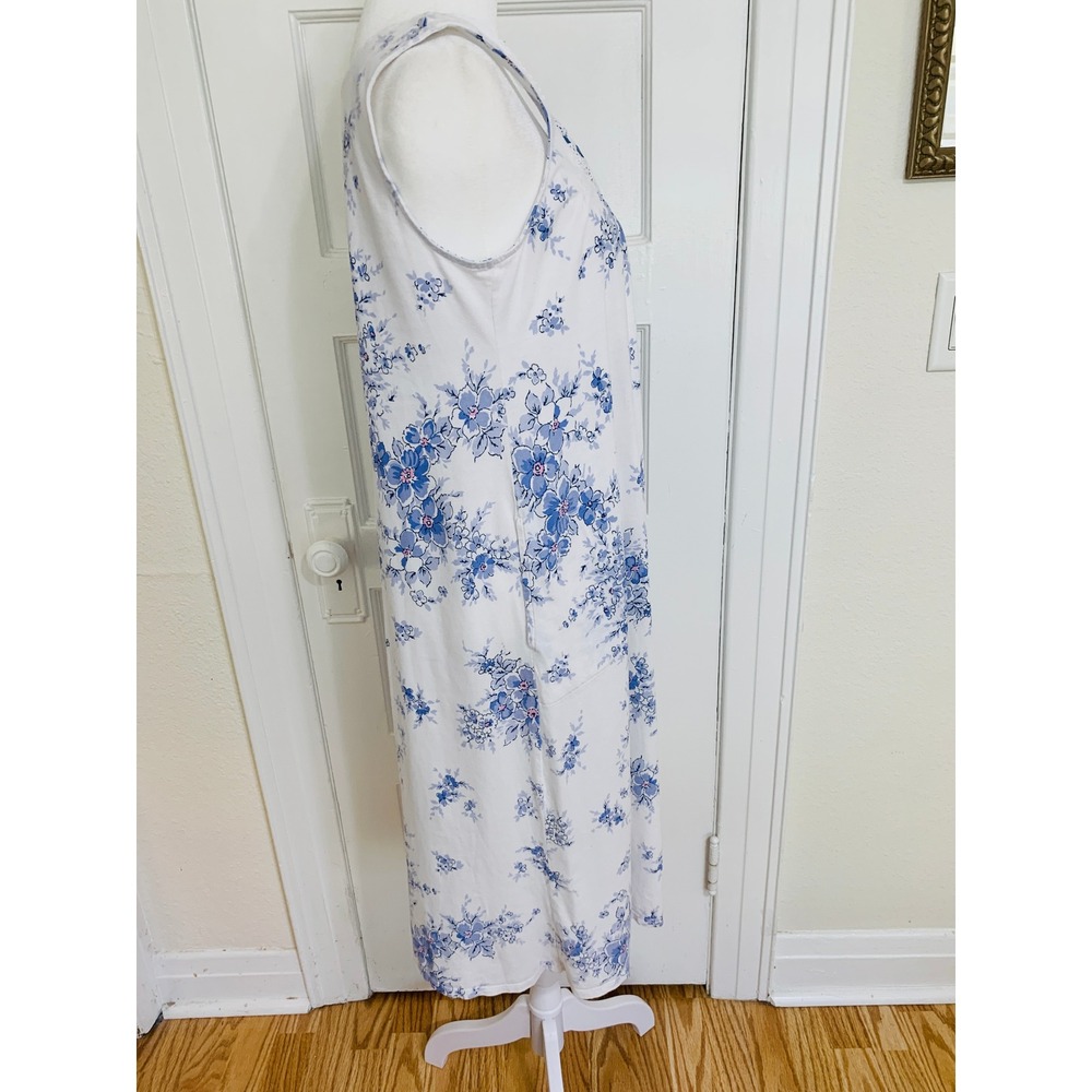 Aria Blue Floral 100% Cotton Jersey Chemise Nightgown S Sleeveless Pockets - Picture 9 of 16